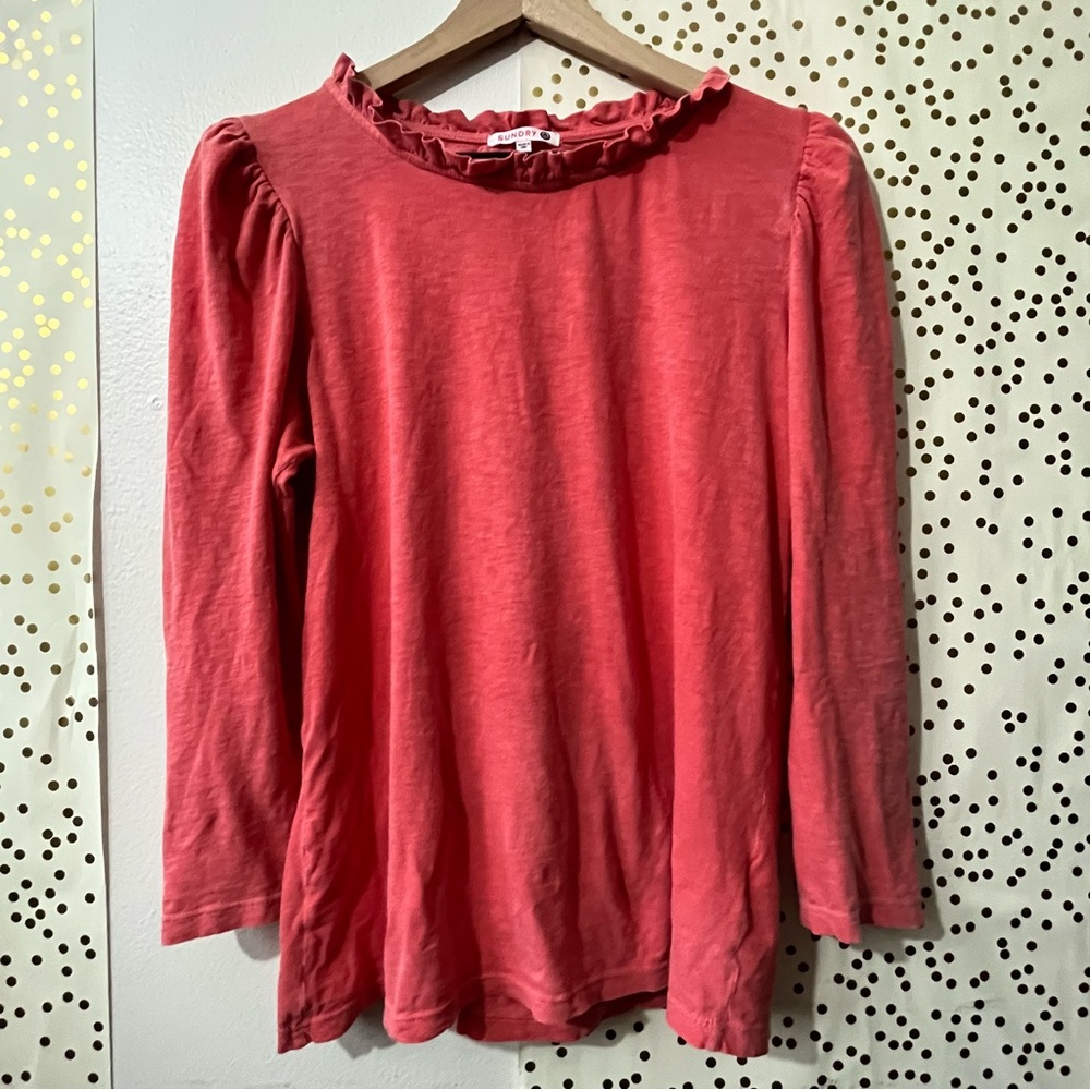 Sundry Coral Pink Long Sleeve Ruffle Neck Tee